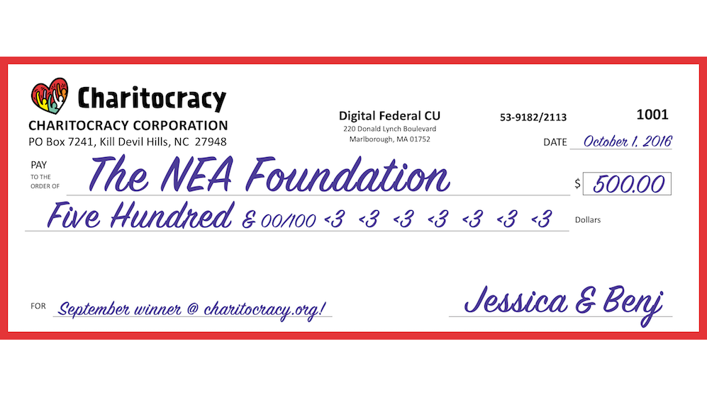 Charitocracy's 1st check to September winner The NEA Foundation for $500