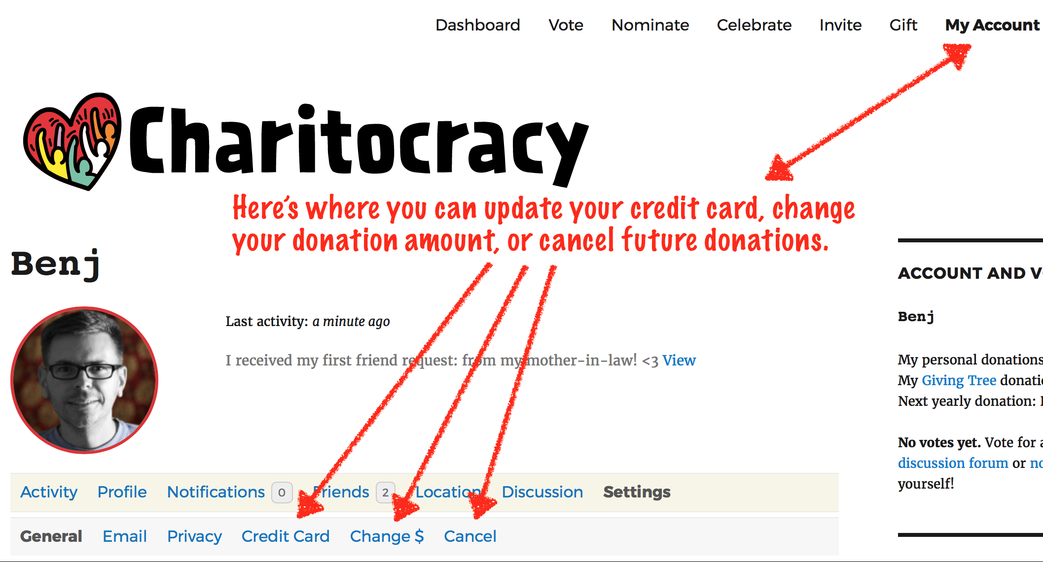 Here's where you can update your credit card, change your annual donation amount, or cancel future donations