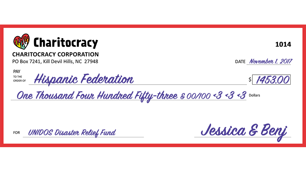 Charitocracy's 14th check to October winner UNIDOS Disaster Relief Fund @ HF for $1453