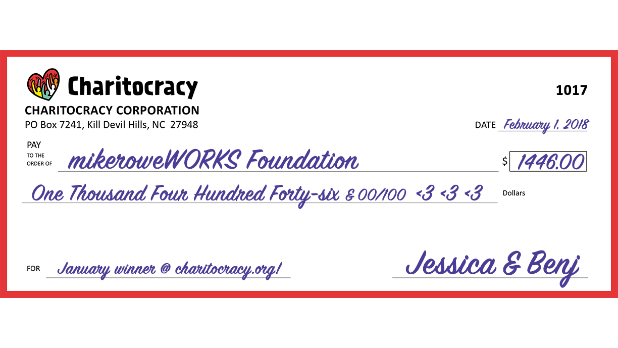 Charitocracy's 17th check to January winner mikeroweWORKS Foundation for $1446