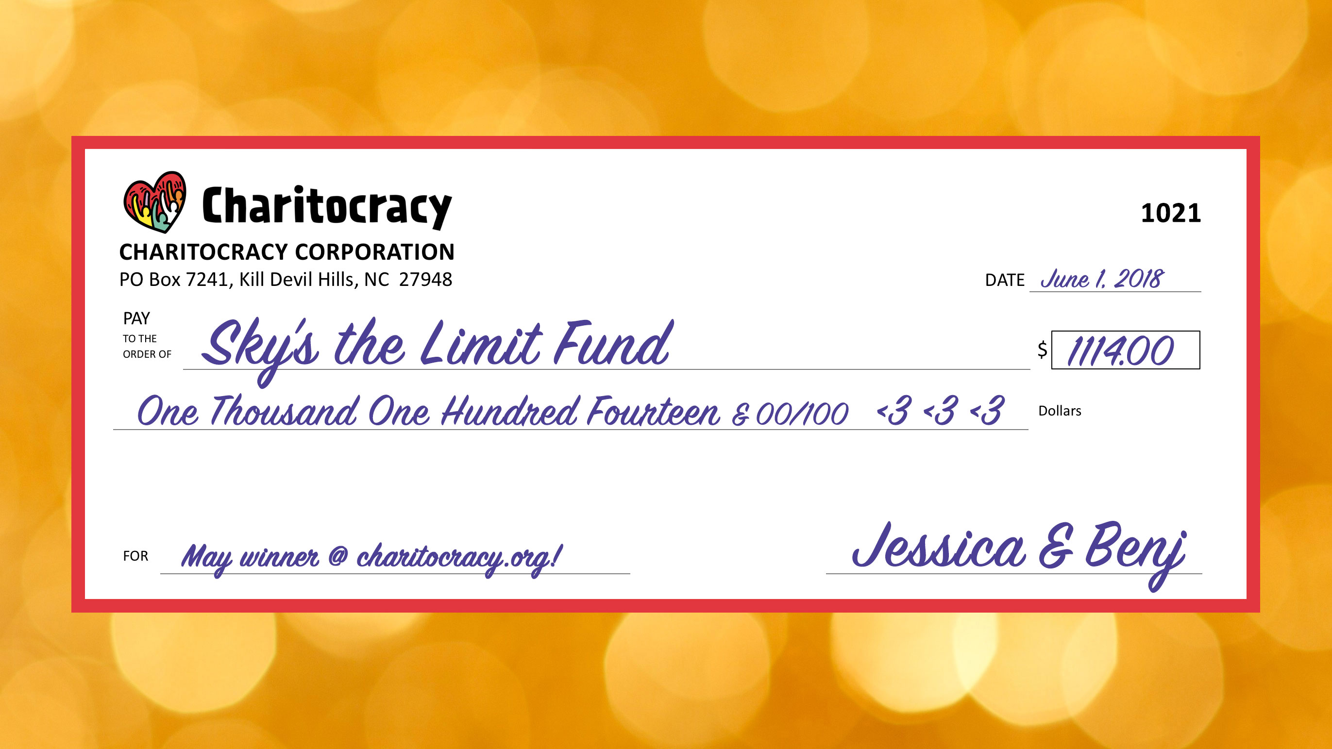 Charitocracy's 21st check to May winner Sky's the Limit Fund for $1114