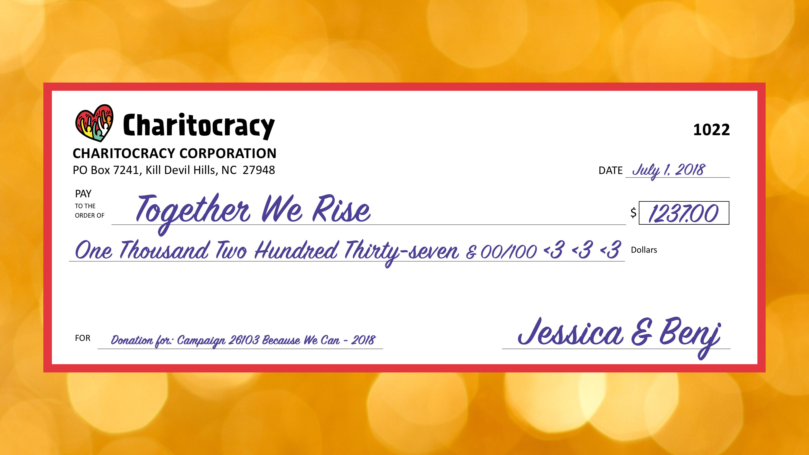 Charitocracy's 22nd check to June winner Together We Rise for $1237