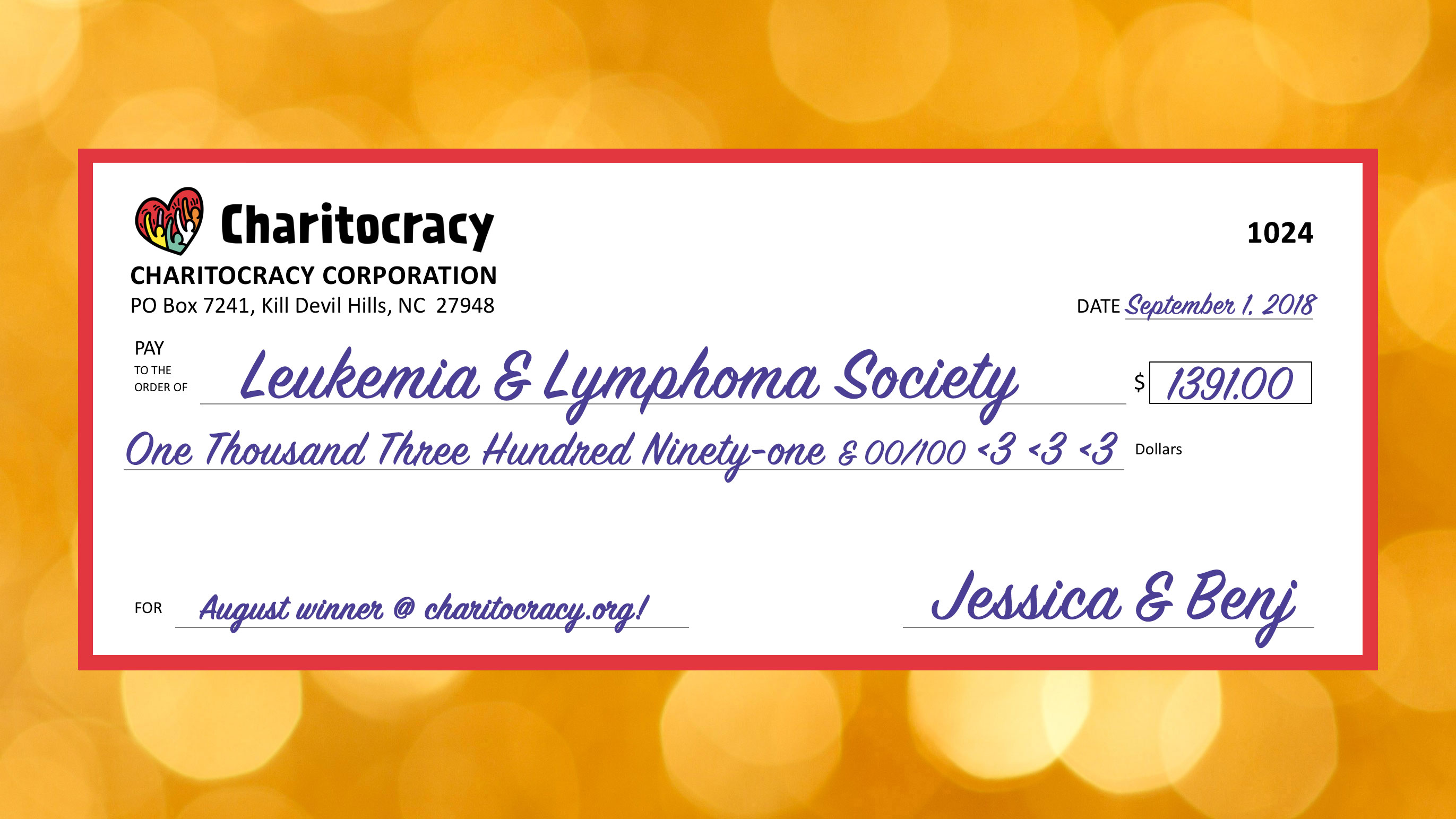 Charitocracy's 24th check to August winner Leukemia & Lymphoma Society for $1391