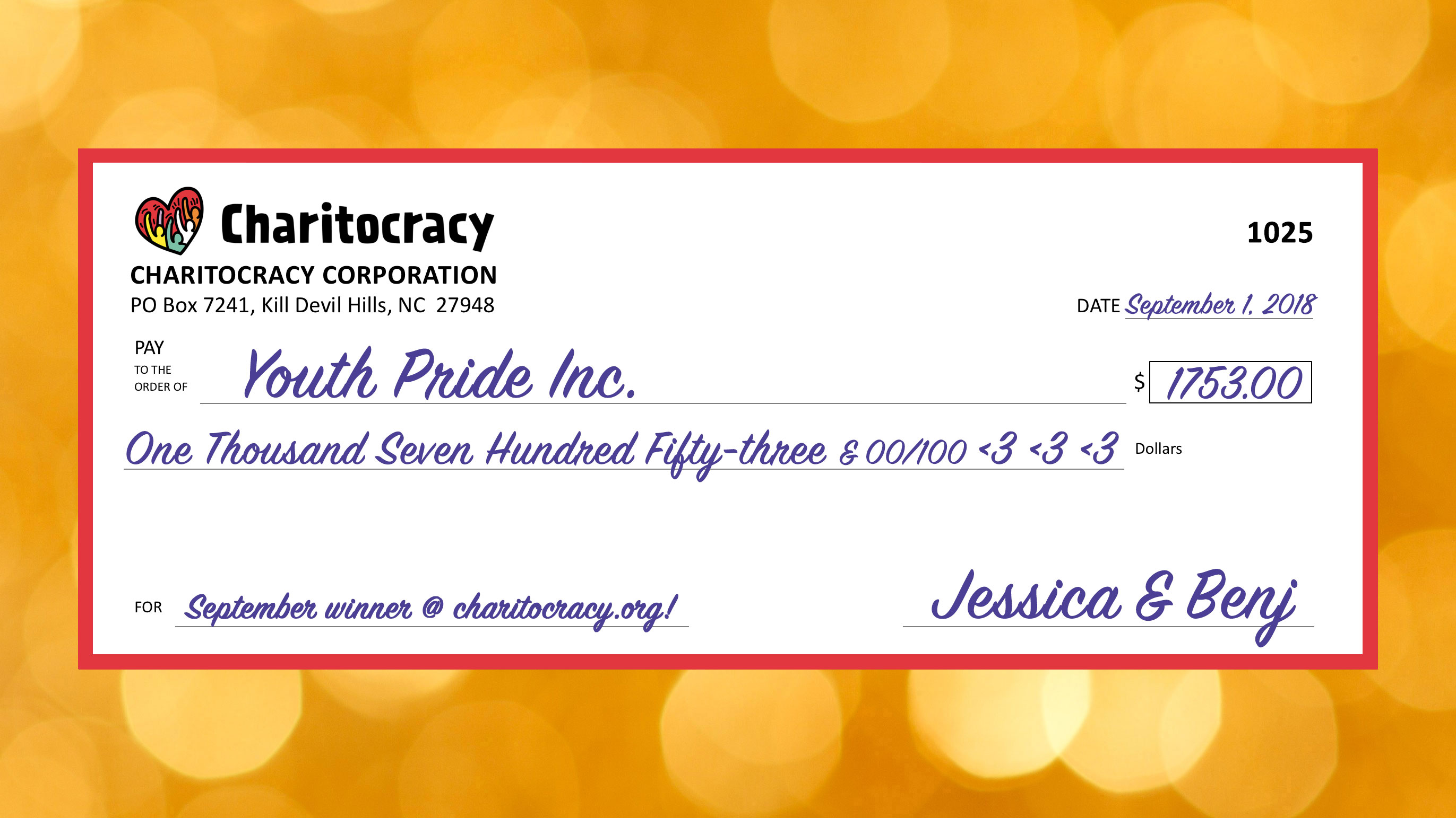 Charitocracy's 25th check to September winner Youth Pride Inc. for $1753