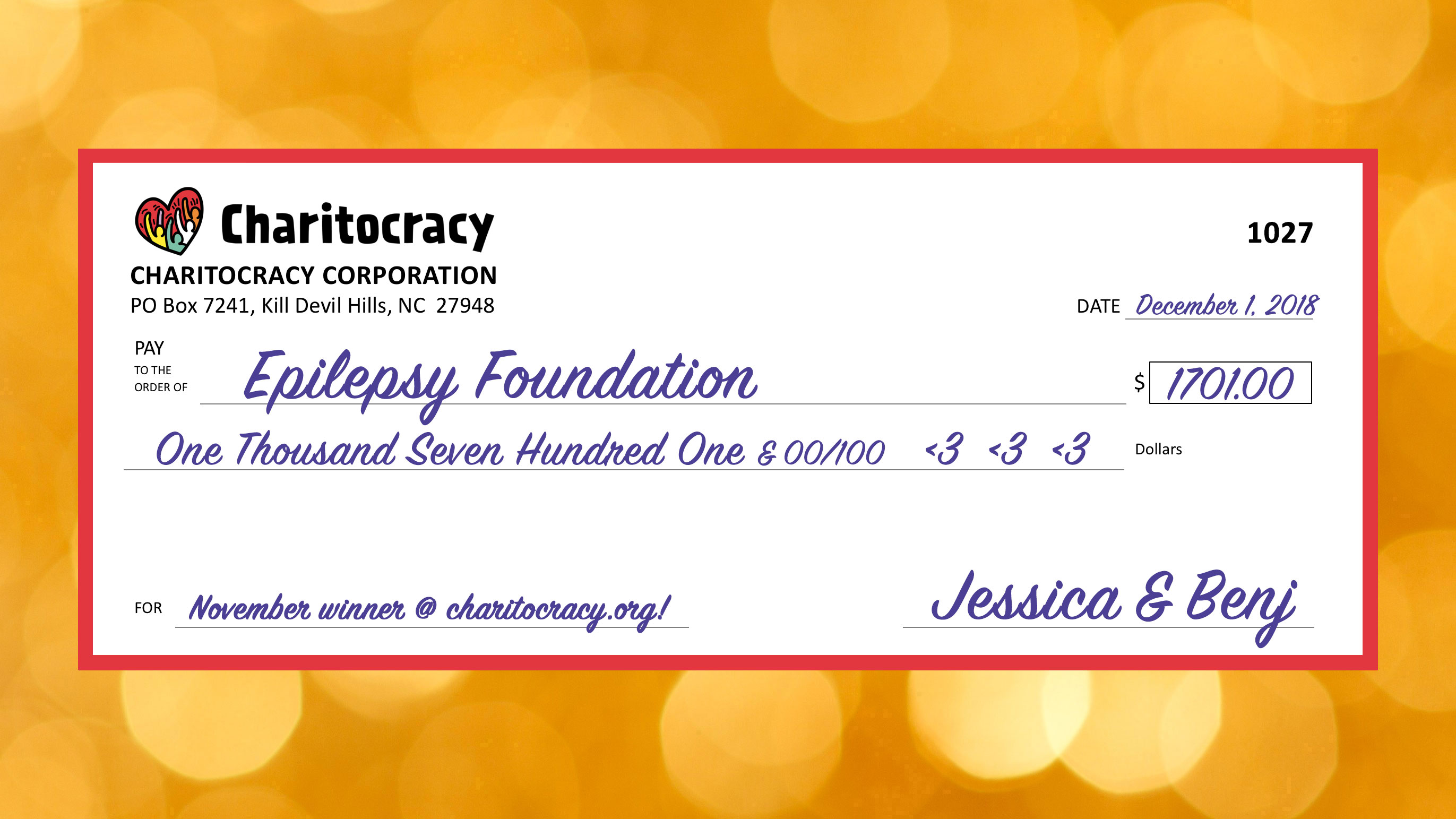 Charitocracy's 27th check to November winner Epilepsy Foundation for $1701