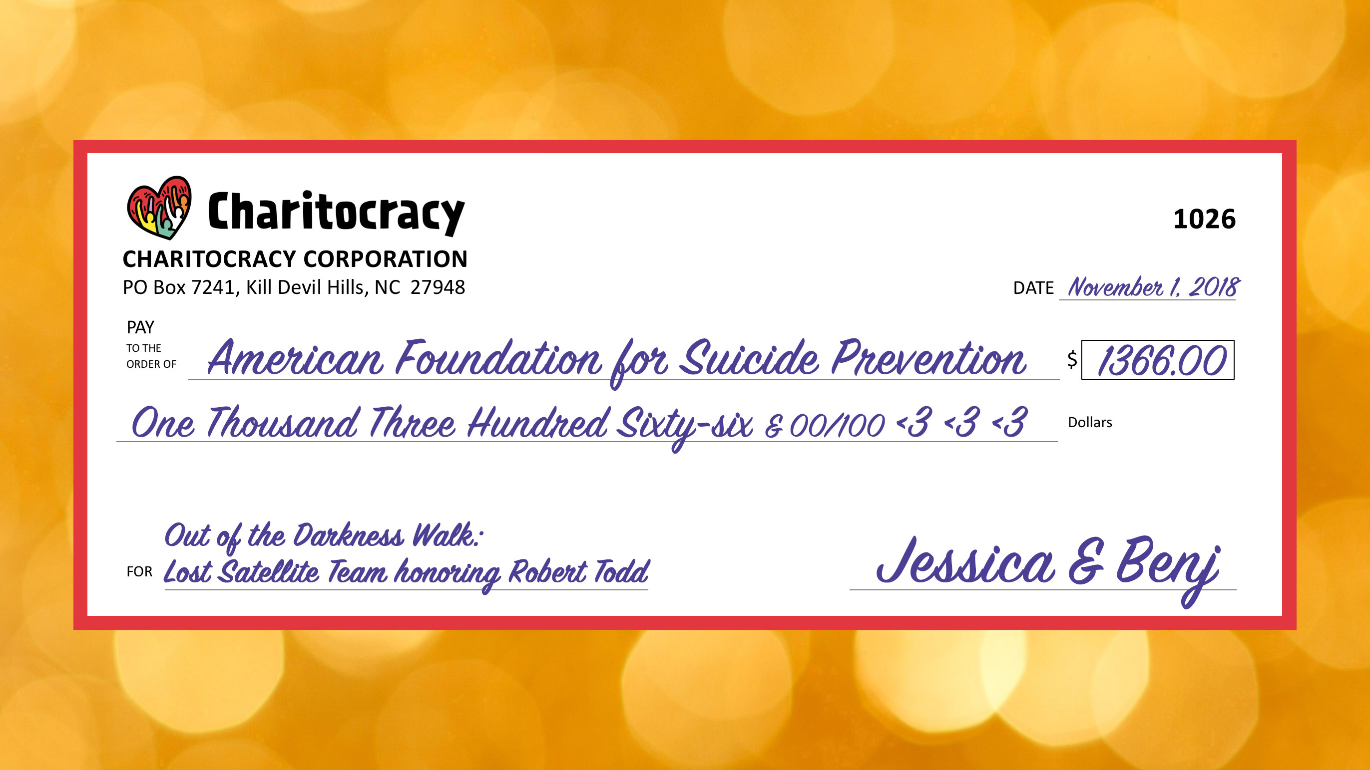 Charitocracy's 26th check to October winner American Foundation for Suicide Prevention for $1366