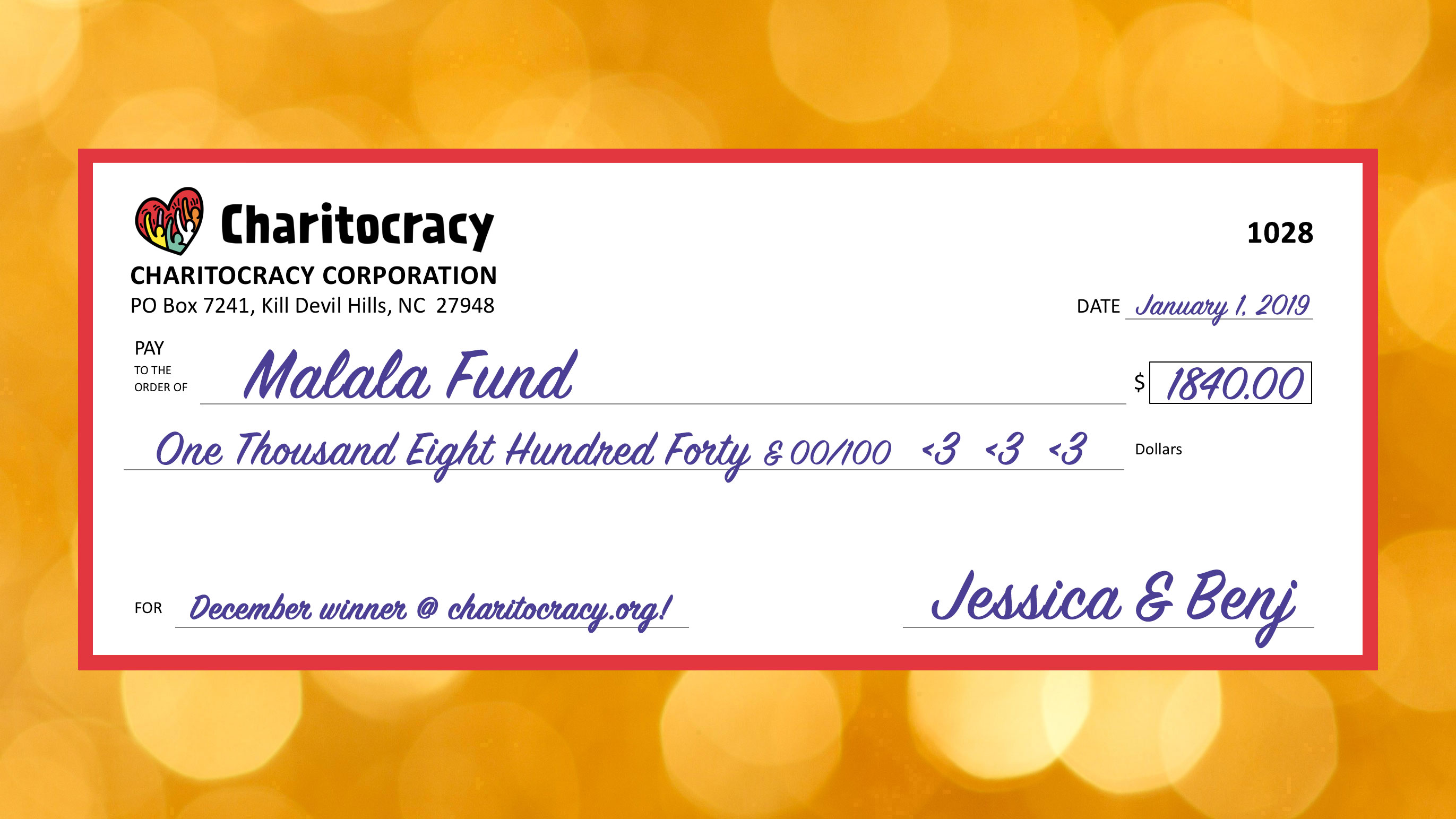 Charitocracy's 28th check to December winner Malala Fund for $1840