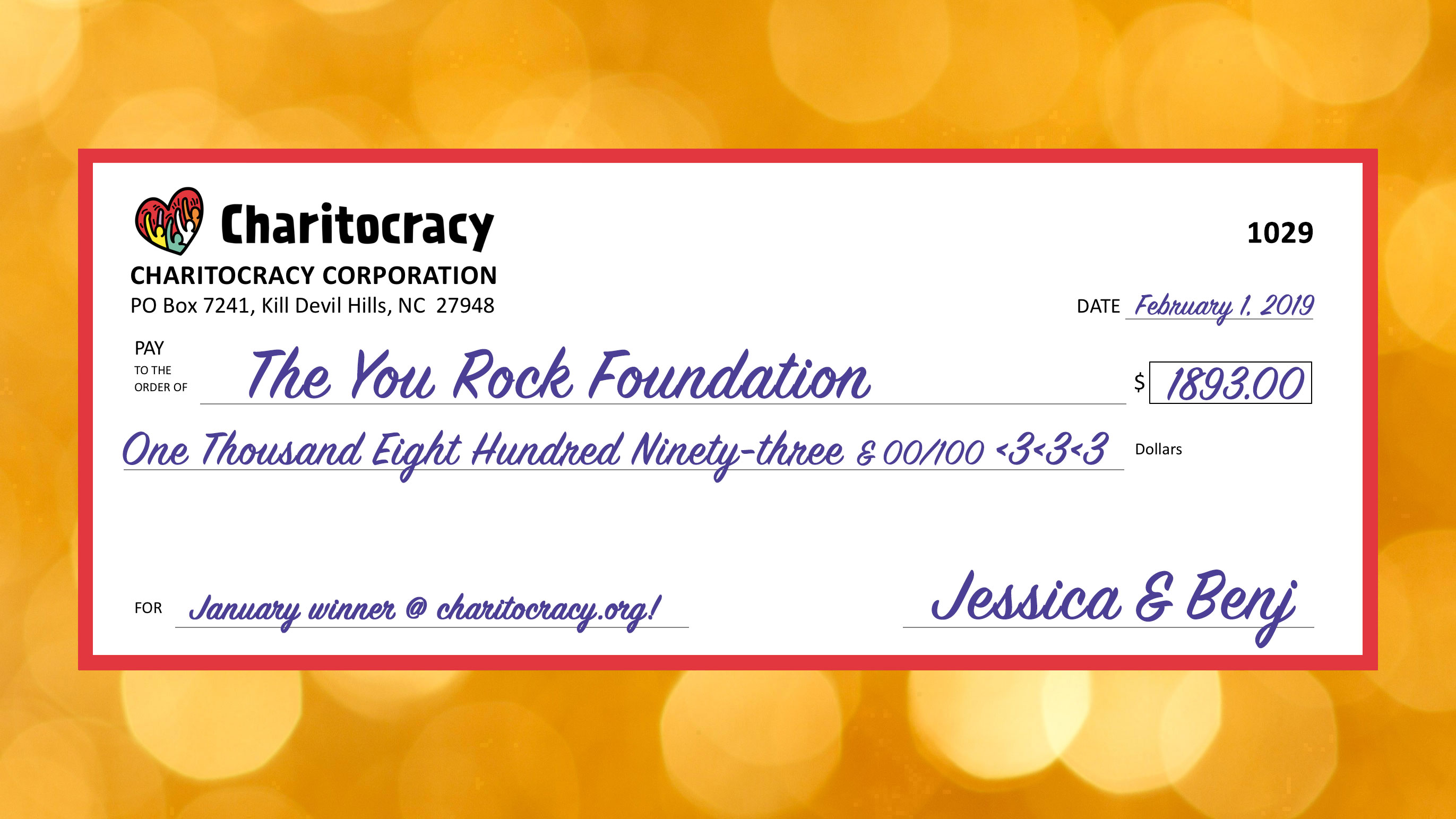 Charitocracy's 29th check to January winner The You Rock Foundation for $1893