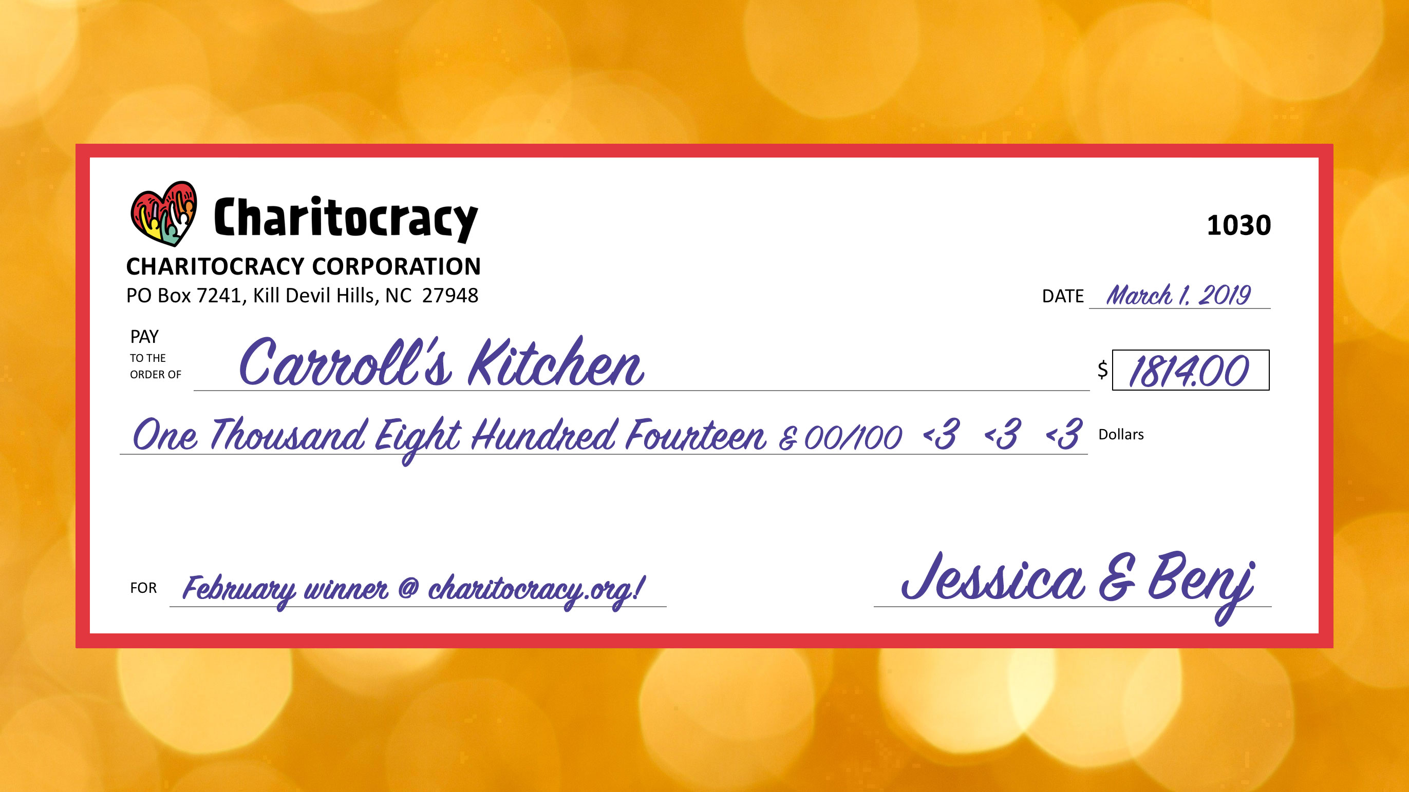 Charitocracy's 30th check to February winner Carroll's Kitchen for $1814