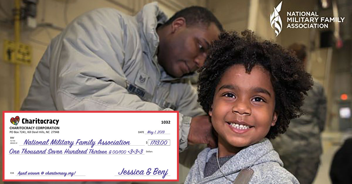 Charitocracy's 32nd check to April winner National Military Family Association for $1713