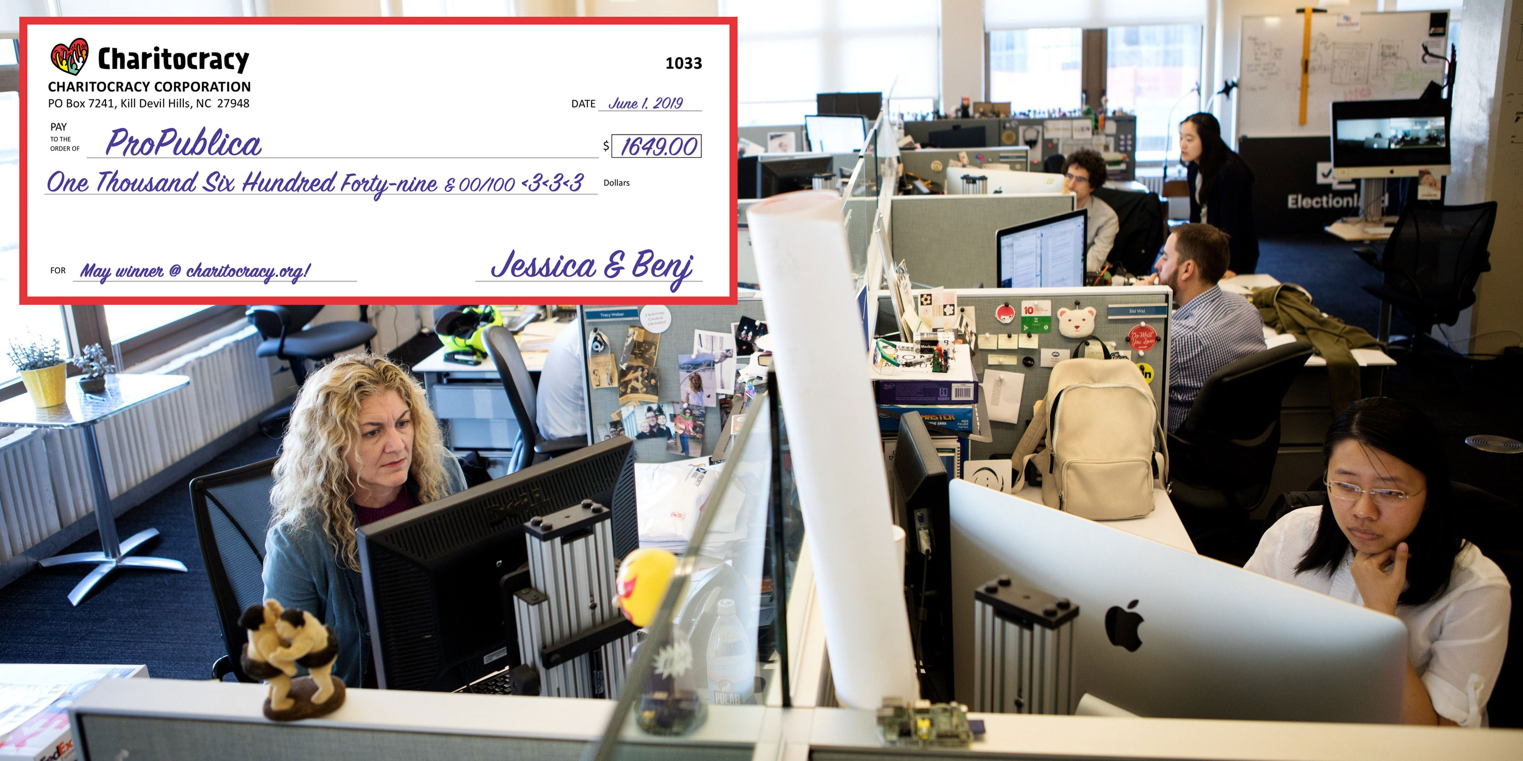 Charitocracy's 33rd check to May winner ProPublica for $1649