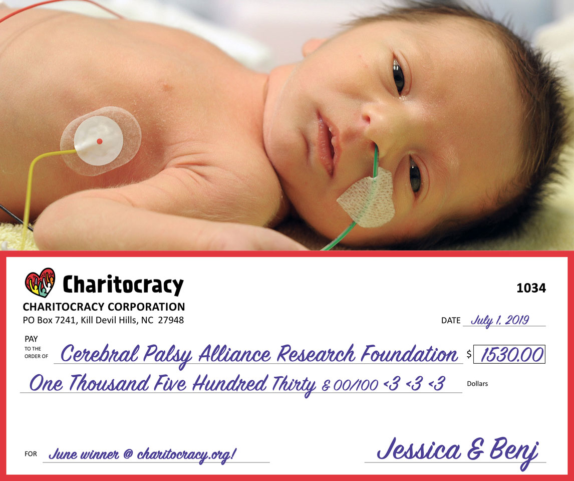 Charitocracy's 34th check to June winner Cerebral Palsy Alliance Research Foundation for $1530