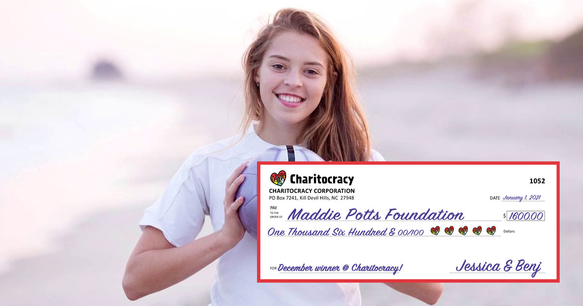 Charitocracy's 52nd check to December winner Maddie Potts Foundation for $1600