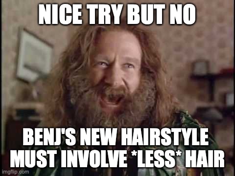 Nice try, but no. Benj's new hairstyle must involve *less* hair.