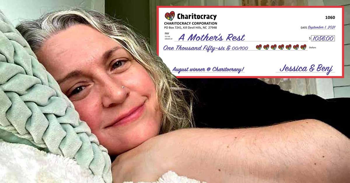 Charitocracy's 60th check to August winner A Mother's Rest for $1056