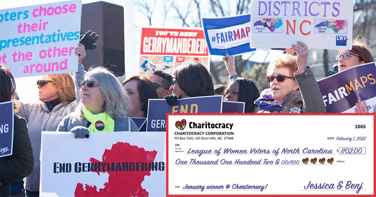 Charitocracy's 65th check to January winner League of Women Voters of NC for $1102