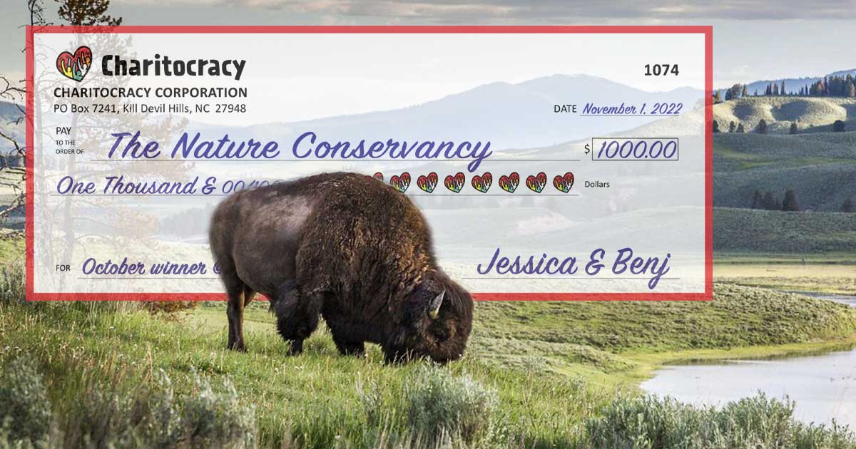 Charitocracy's 74th check to October winner The Nature Conservancy for $1000