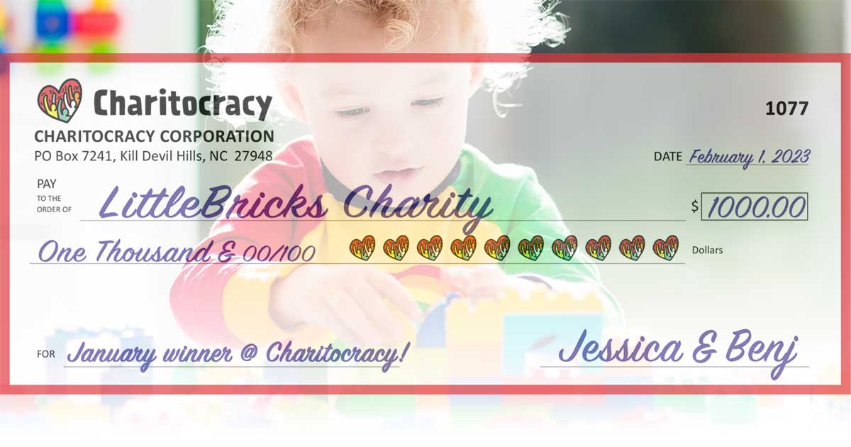Charitocracy's 77th check to January winner LittleBricks Charity for $1000